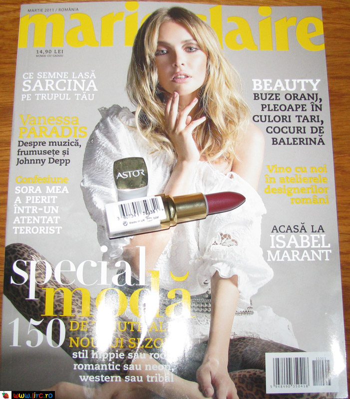 Marie Claire Romania ~~ Ruj de buze Margaret Astor Soft Sensation Vitamine & Collagen nuanta 603 ~~ Martie 2011