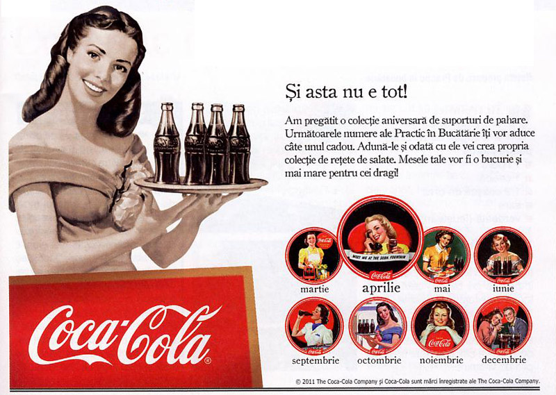 Colectia de suporturi pentru pahare Coca-Cola, impreuna cu revista Practic in Bucatarie ~~ Martie-Decembrie 2011