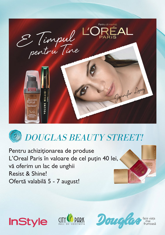 Promotia L´Oréal Paris E TIMPUL PENTRU TINE: Cumpara din magazinul Douglas Beauty Street produse L´Oréal Paris in valoare de minim 40 RON si primesti  cadou un lac de unghii Resis & Shine