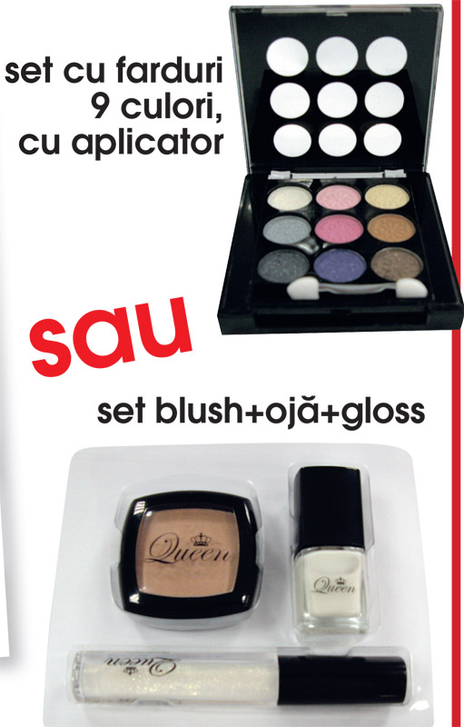 Set cu farduri pentru ochi, 9 nuante cu aplicator SAU Set de makeup cu blush+oja+gloss ~~ impreuna cu revista FEMEIA. editia de Septembrie 2011