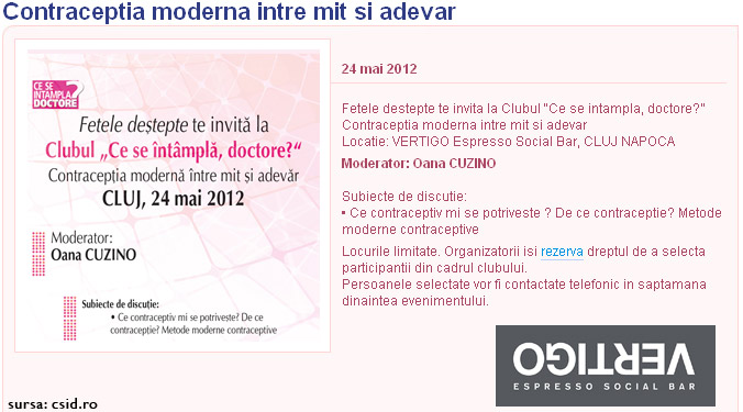 Eveniment CSID ~~ Contraceptia moderna intre mit si adevar ~~ Cluj, 24 Mai 2012
