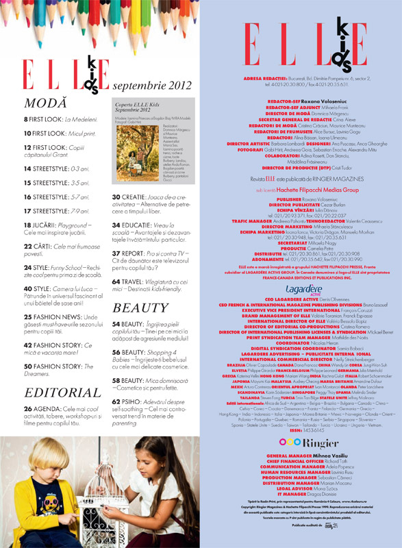 Cuprinsul suplimentului ELLE Kids, editia Septembrie 2012