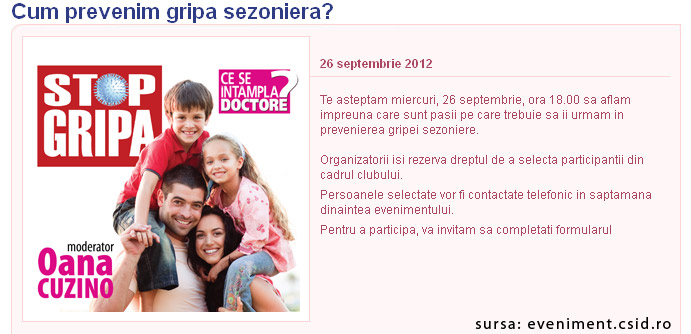 Eveniment CSID: Cum prevenim gripa sezoniera? ~~ Bucuresti, 26 Septembrie 2012