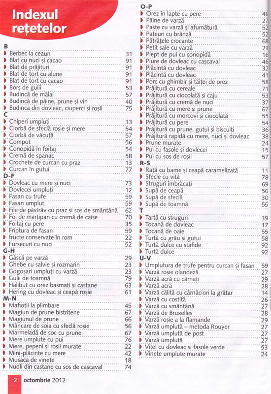 Indexul retetelor din Bucataria pentru toti, editia Octombrie 2012