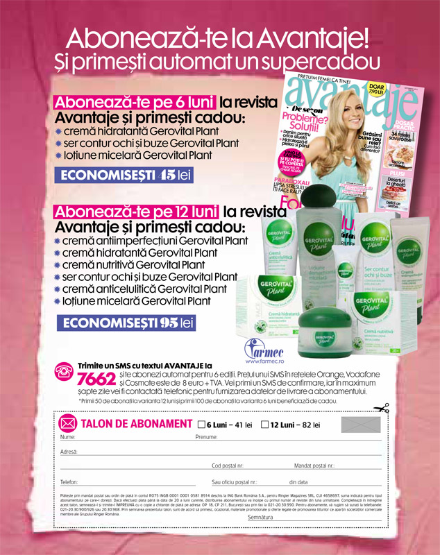 Oferta de abonament la revista AVANTAJE + cadou produse cosmetice Gerovital Plant ~~ Septembrie 2012