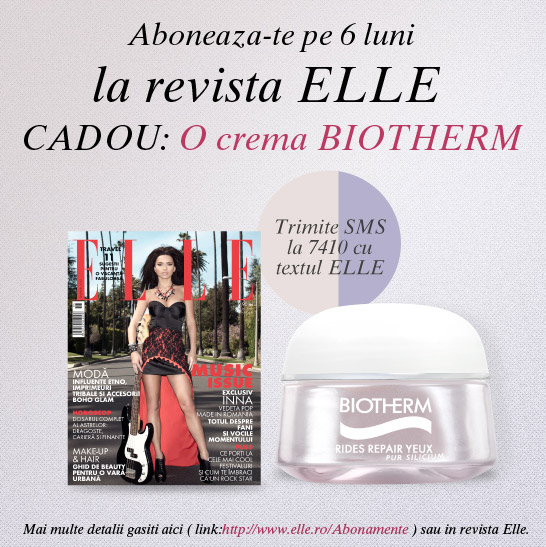 Oferta de abonament prin SMS + cadou crema de ochi Biotherm Rides Repair Yeux pentru revista ELLe Romania, valabila pana pe 31 Iulie 2012