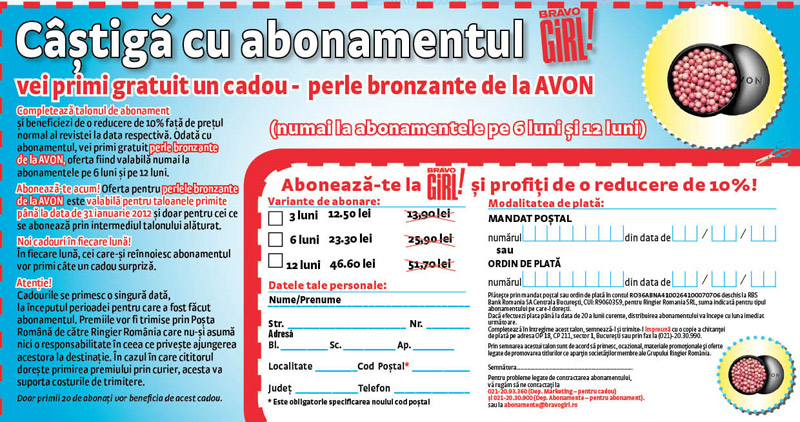 Oferta de abonament prin talon + cadou pentru revista BRAVO GIRL, valabila in Ianuarie 2012
