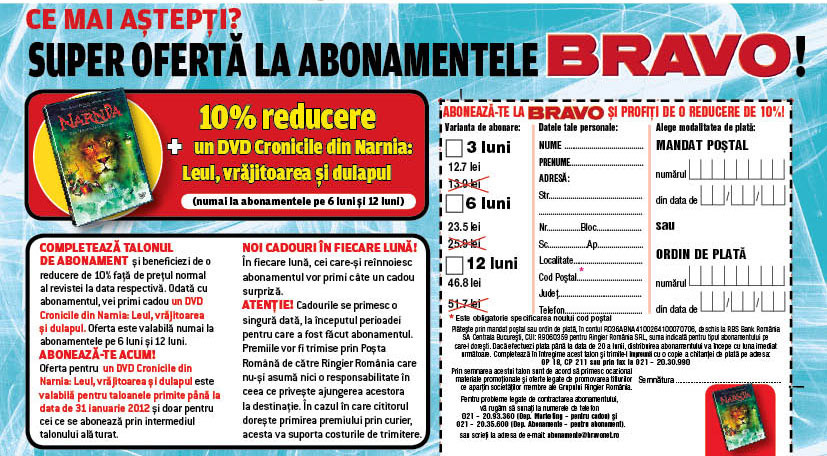 Oferta de abonament prin talon + cadou pentru revista BRAVO, valabila in Ianuarie 2012