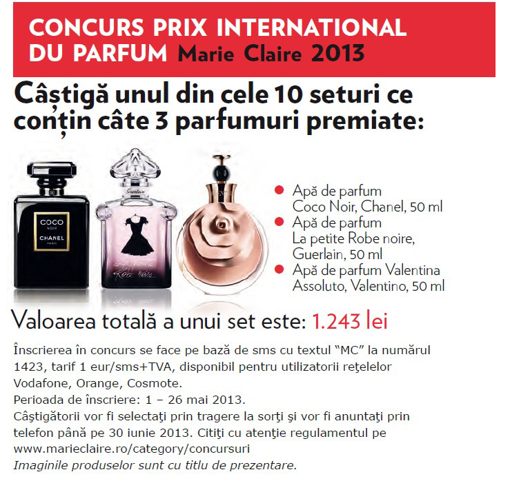 Marie Claire Romania ~~ Concurs PRIX CU PARFUM ~~ 1-26 Mai 2013