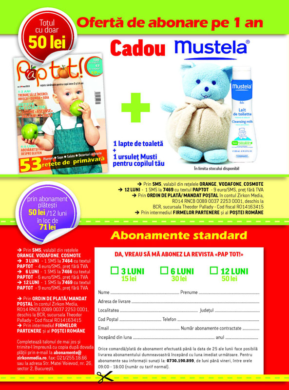 Oferta de abonament pentru 1 an la revista PAP TOT ~~ Cadou: lapte de toaleta Mustela + ursuletul Musti ~~ Pret: 50 lei