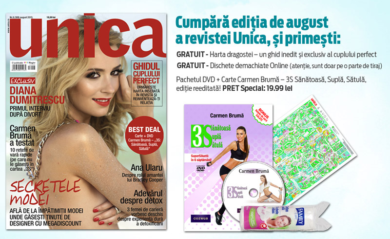Revista Unica ~~ Cadou: Carte + DVD Carmen Bruma ~~ August 2013 ~~ Pret pachet revista si cadou: 20 lei