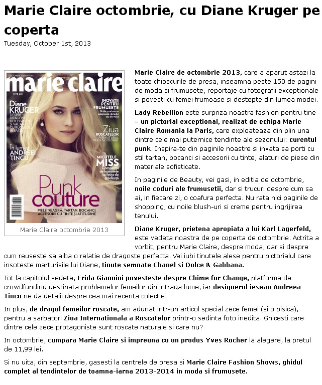 Promo pentru revista Marie Claire Romania, editia Octombrie 2013