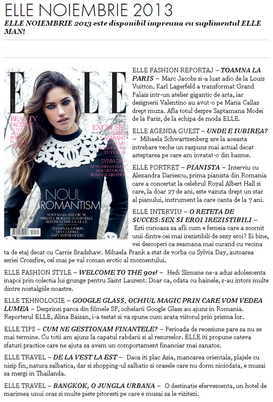 Promo pentru revista ELLE Romania, editia Noiembrie 2013