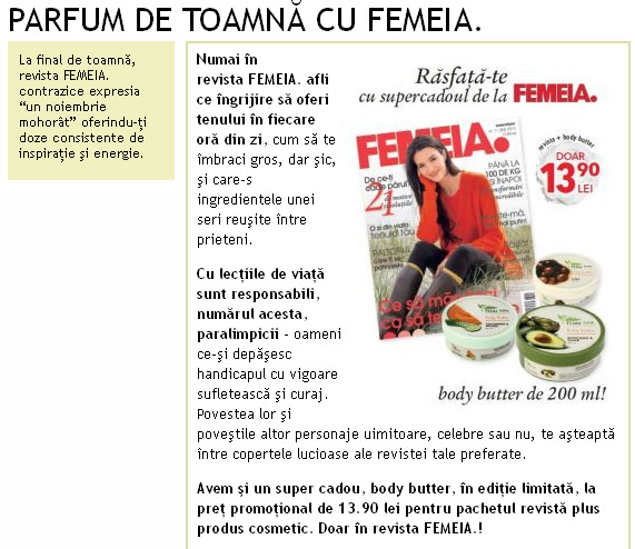 Promo pentru revista FEMEIA. editia Noiembrie 2013 ~~ Cadou: unt aromat pentru corp THAI SPA ~~ Pret: 14 lei