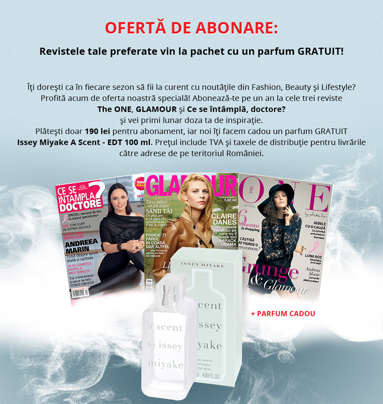 Oferta de abonament pentru 1 an de la Media Fax pentru cele 3 reviste pentru femei: CSID, Glamour si The One ~~ Cadou: parfum Issey Miyake A Scent ~~ Pret: 190 lei