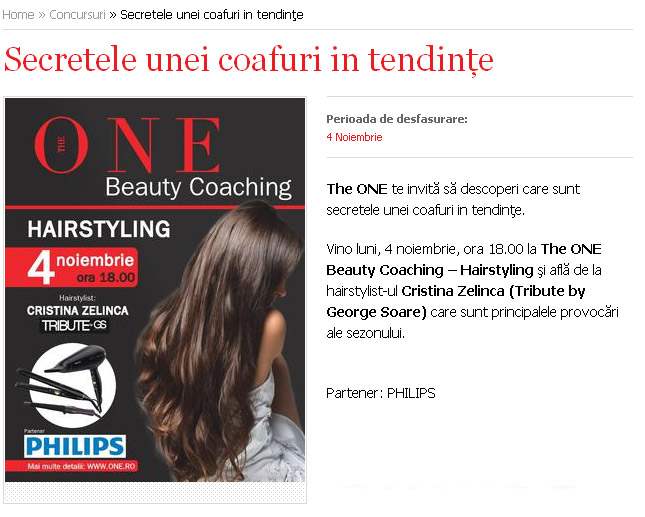 Eveniment THE ONE BEAUTY COACHING HAIRSTYLING ~~ Bucuresti, 4 Noiembrie 2013