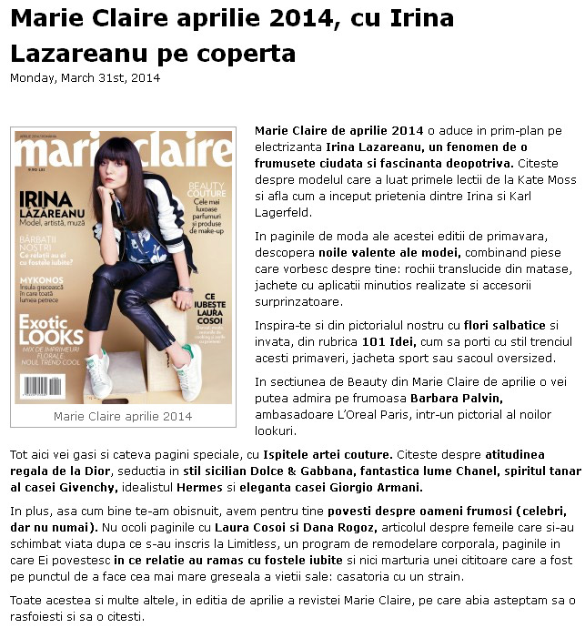 Promo pentru editia de Aprilie 2014 a revistei Marie Claire Romania