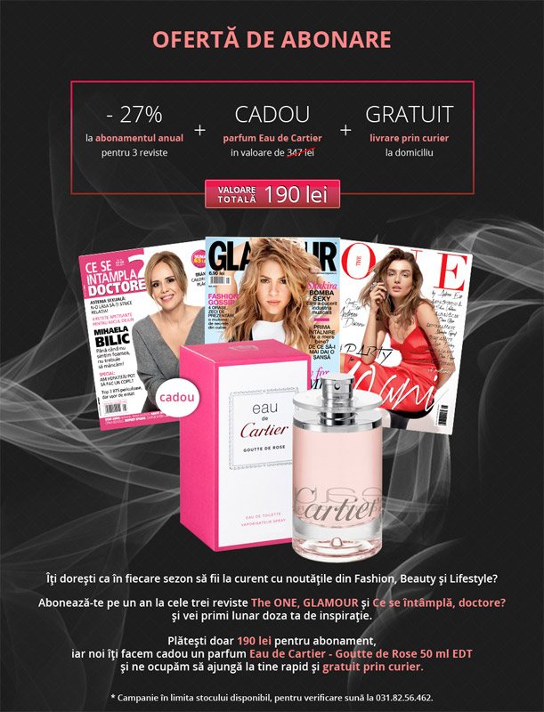 Oferta Mediafax pentru abonament anual la cele 3 reviste plus cadou parfumul Eau de Cartier Goutte de Rose ~~ Pret: 190 lei