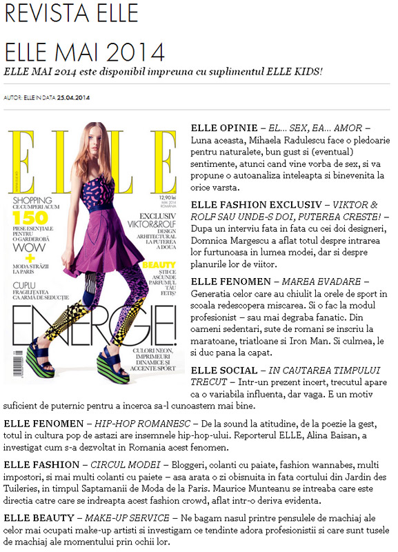 Promo pentru  editia de Mai 2014 a revistei ELLE Romania