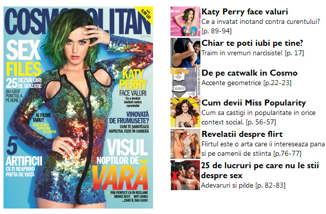 Promo pentru revista Cosmopolitan Romania, editia Iulie 2014 ~~ Pret: 7 lei (format de buzunar)