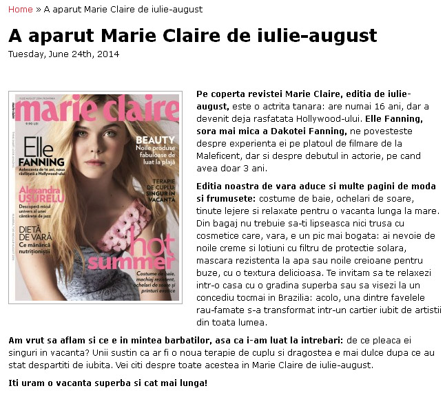 Promo pentru revista Marie Claire Romania, editia Iulie-August 2014