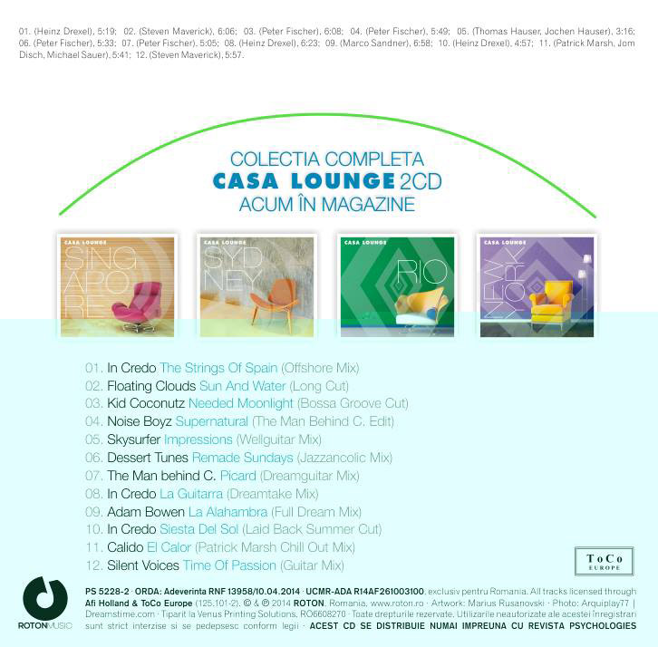 Soundtrack-ul CD-ului cu muzica ambientala CASA LOUNGE BARCELONA, cadoul revistei Psychologies, editia Iulie 2014 ~~ Pret pachet: 17 lei