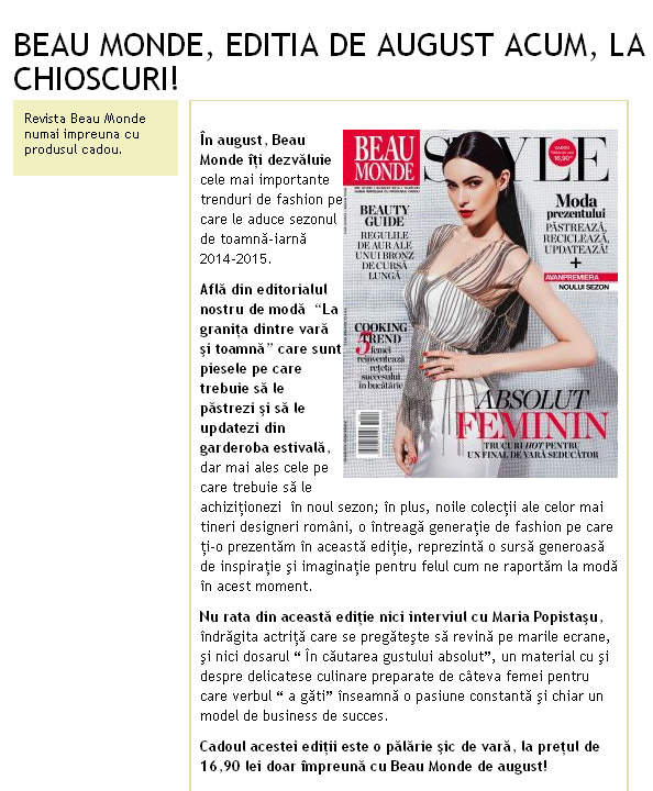Promo-ul revistei Beau Monde Style, editia de August 2014