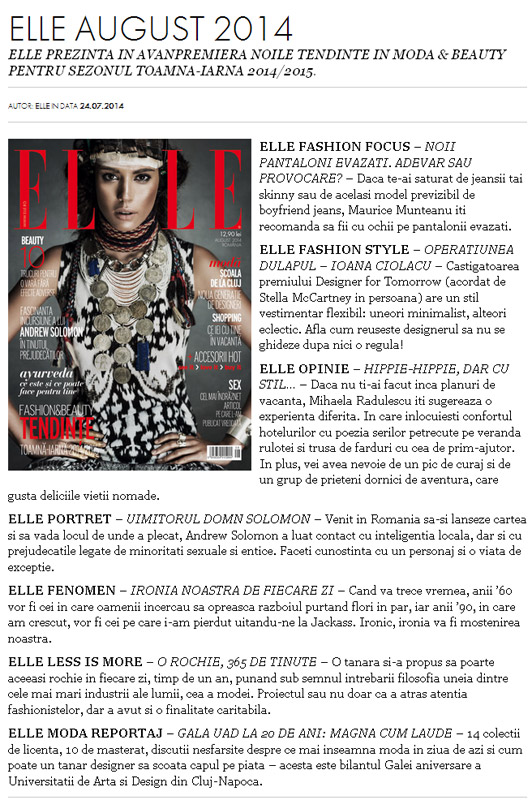 Promo-ul revistei ELLE Romania, editia August 2014