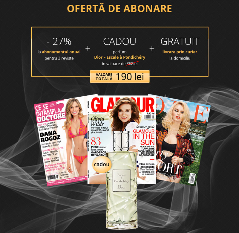 Oferta Mediafax de abonament pentru 3 reviste pentru doamne: Glamour, CSID si The One ~~ Cadou: EDT Dior ~~ August 2014 ~~ Pret: 190 lei