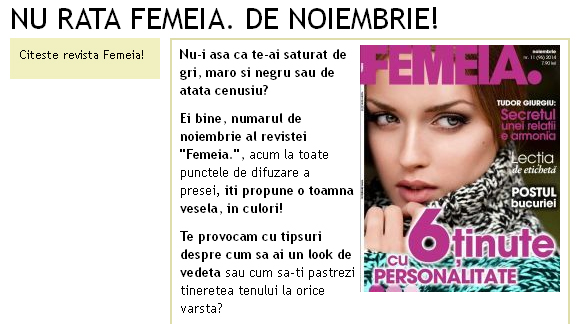 Promo pentru revista FEMEIA., editia de Noiembrie 2014