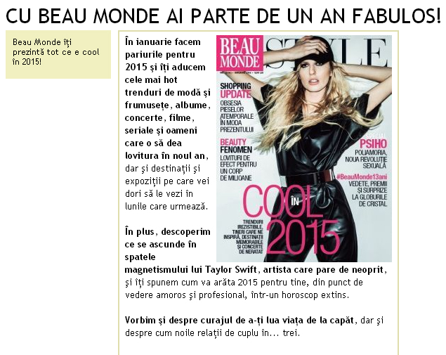 Promo pentru editia de Ianuarie 2015 a revistei Beau Monde Style
