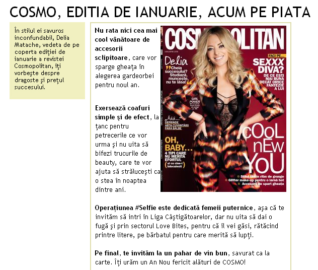 Promo pentru editia de Ianuarie 2015 a revistei Cosmopolitan Romania