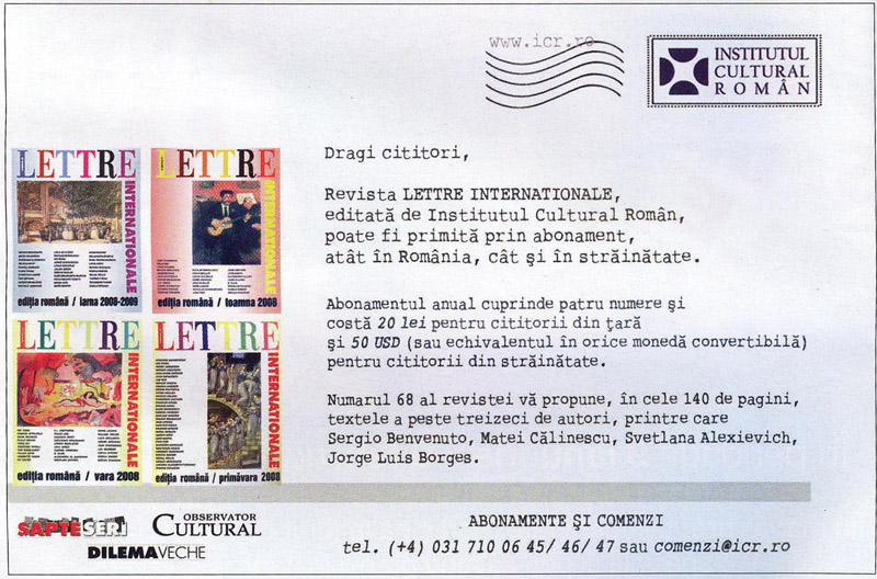 ICR :: Revista Lettre Internationale :: Informatii Abonament