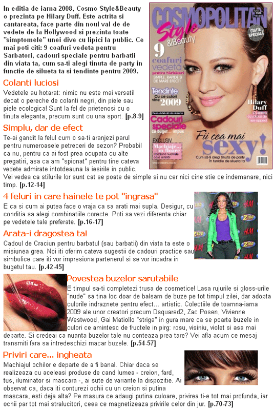 Cosmopolitan Style & Beauty W/S 2008-2009, Coperta: Hilary Duff