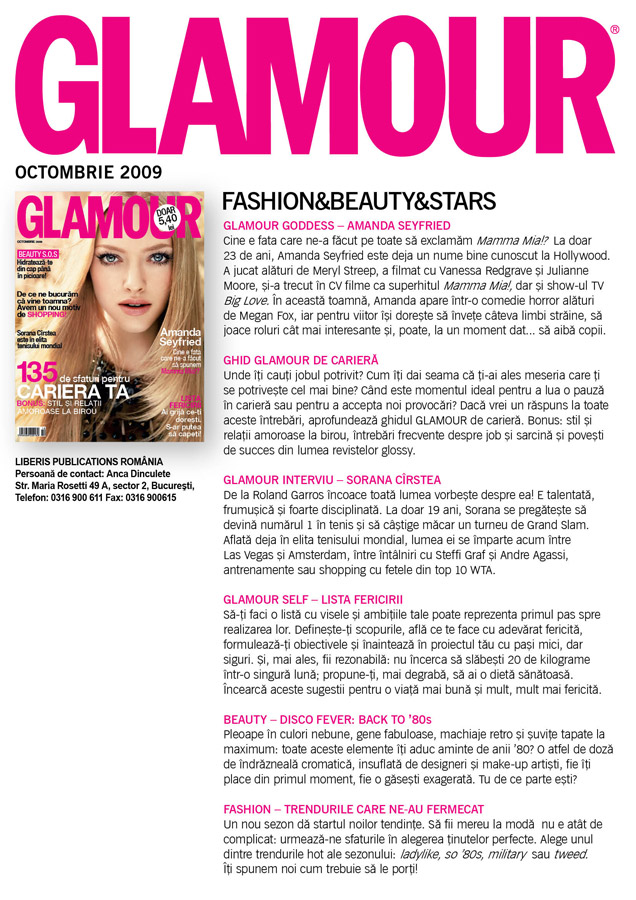 Glamour Romania ~~ Cuprinsul editiei de Octombrie 2009